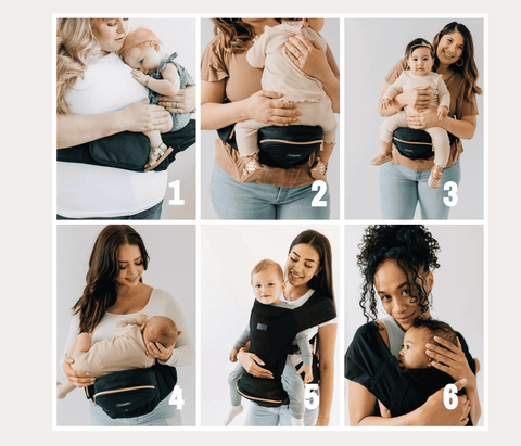 Six ways to wear the Tushbaby Hip Carrier, showing parents using different carrying positions for infants and toddlers including feeding, face-to-face, side, and forward-facing.